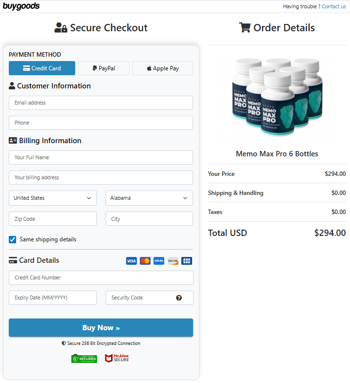 Memo Max Pro checkout page